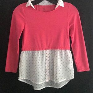 One Step Up Pink Polka Dot Long Sleeve Collar Top
